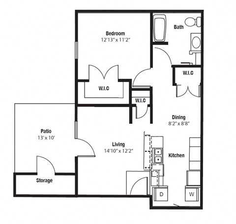 Floor plan for 1 bed, 1 bath, 720 sqft